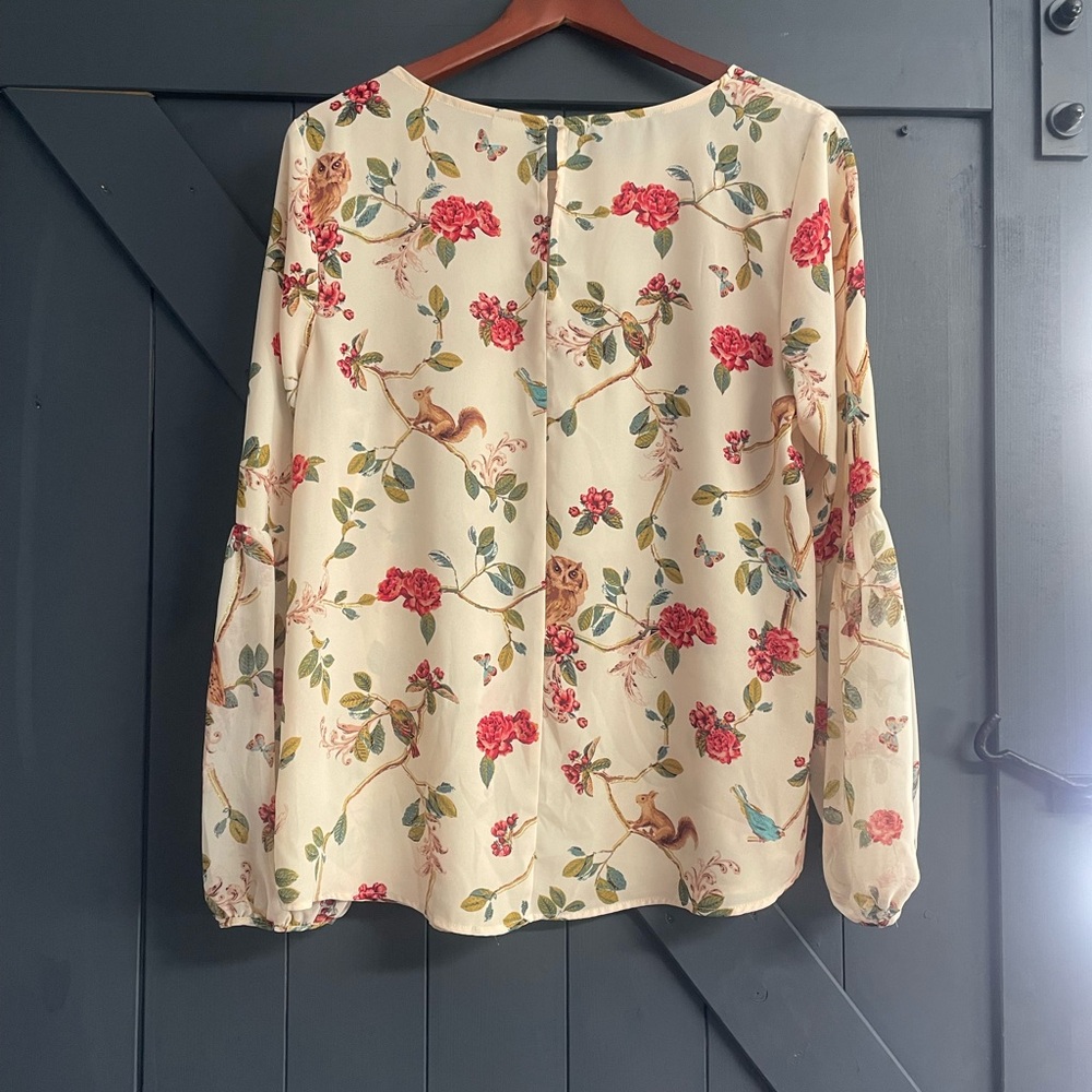 LC Lauren Conrad + Disney Cream Blouse with Pink Floral & Blue Bird Print - Picture 6 of 7